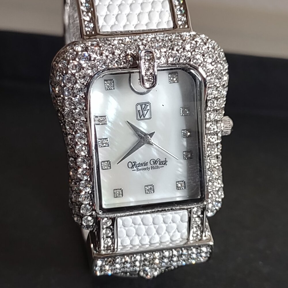 Untested Victoria Wieck Beverly Hills White Belt Watch Missing A Few Stones
